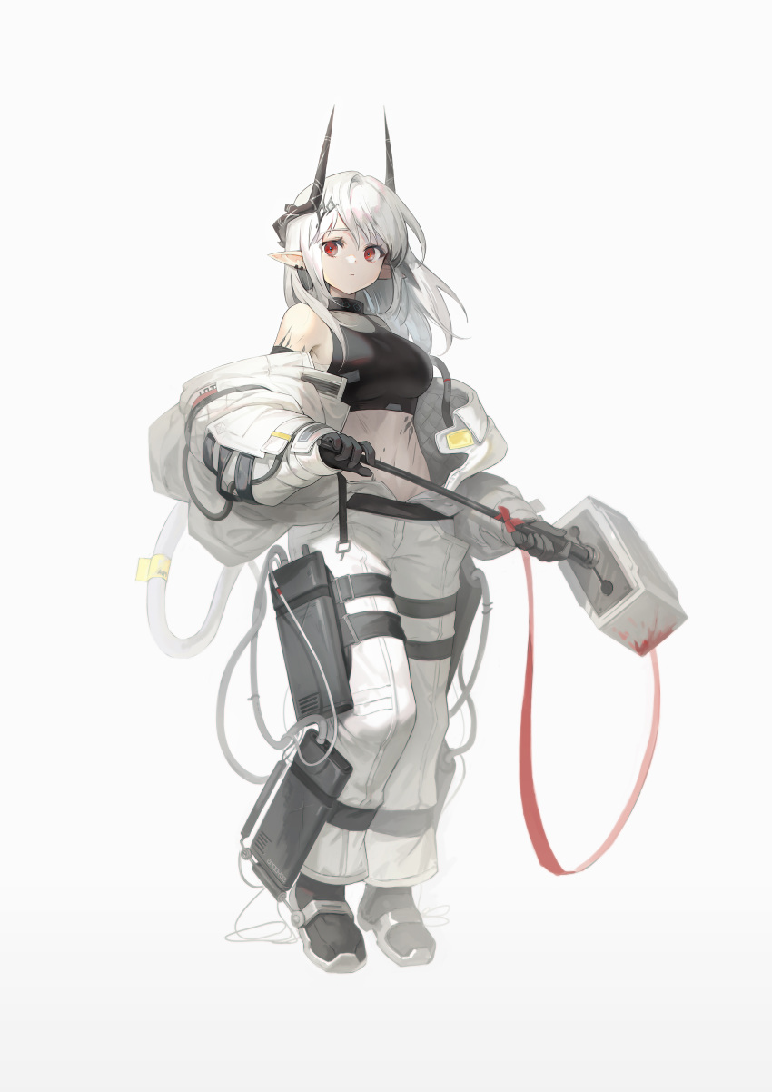 1girl absurdres arknights bare_shoulders black_choker black_gloves black_shirt breasts choker coat crop_top expressionless full_body gloves highres holding horns large_breasts leg_belt long_hair looking_at_viewer midriff mudrock_(arknights) navel off_shoulder open_clothes open_coat oversized_clothes pants pointy_ears red_eyes shirt shoes sidelocks simple_background sleeveless sleeveless_shirt solo soyoong_jun standing stomach tank_top white_background white_coat white_hair white_pants