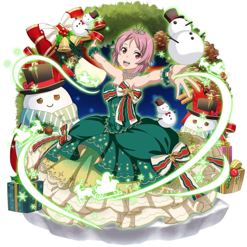 1girl :d box collarbone diadem dress freckles full_body gift gift_box green_dress highres jewelry layered_dress lisbeth_(sao-alo) long_dress looking_at_viewer necklace official_art open_mouth outstretched_arms outstretched_hand pink_hair pointy_ears red_eyes shiny shiny_hair short_hair sleeveless sleeveless_dress smile solo strapless strapless_dress sword_art_online sword_art_online:_memory_defrag transparent_background