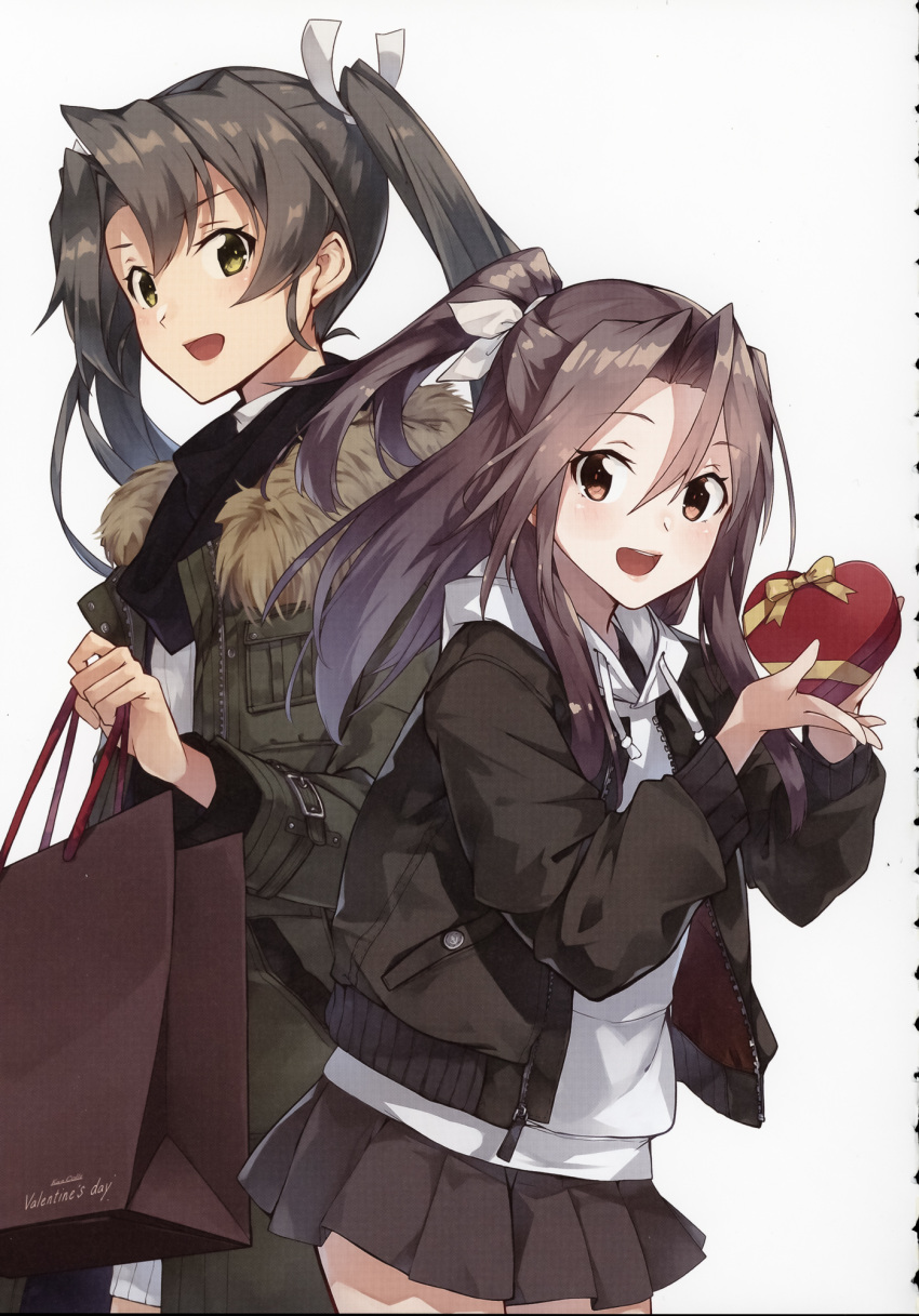 2girls alternate_costume bag black_scarf blush bow box brown_eyes coat cowboy_shot dress fur_coat fur_collar gift_bag green_coat green_dress green_eyes green_hair grey_hair grey_skirt hair_bow hair_ribbon heart heart-shaped_box high_ponytail highres hood hooded hoodie jacket kantai_collection konishi_(koconatu) light_blush long_hair looking_at_viewer multiple_girls official_art pleated_skirt ponytail ribbon scan scan_artifacts scarf shopping_bag skirt smile sweater twintails valentine white_background white_dress white_hoodie white_ribbon winter_clothes yellow_eyes zuihou_(kancolle) zuikaku_(kancolle)