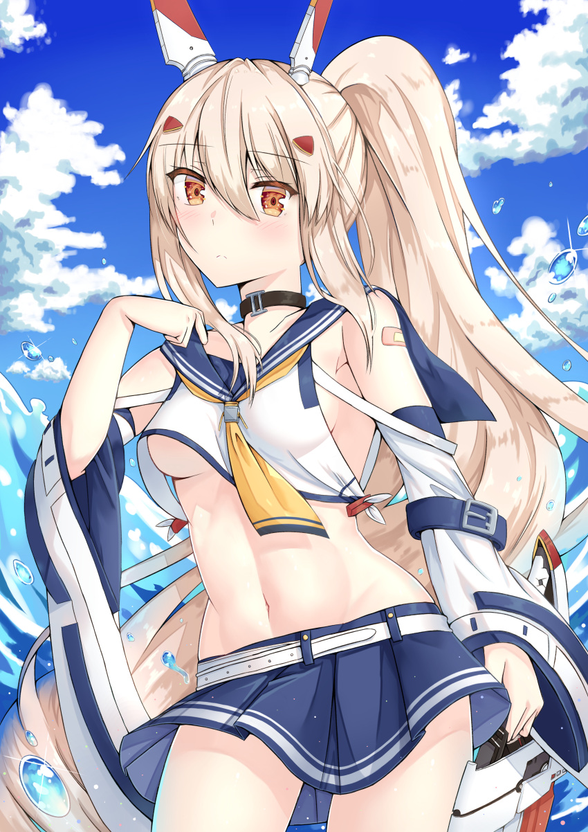 1girl :&lt; absurdres adjusting_clothes ascot ayanami_(azur_lane) azur_lane bandaid bandaid_on_arm bangs belt blue_skirt blue_sky blush breasts brown_eyes choker clouds cloudy_sky collarbone commentary_request detached_sleeves eyebrows_visible_through_hair eyes_visible_through_hair hair_ornament hairclip head_tilt headgear highres horizon light_brown_hair long_hair looking_at_viewer medium_breasts midriff natie navel ocean pleated_skirt ponytail retrofit_(azur_lane) school_uniform serafuku sideboob sidelocks skirt sky solo sword under_boob weapon wide_sleeves wind