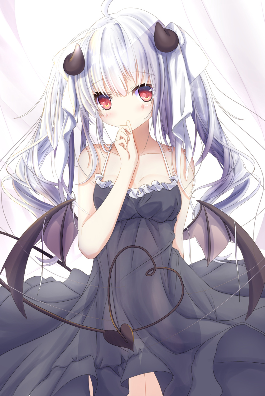 1girl ahoge aruka_(alka_p1) bangs bare_arms bare_shoulders black_wings blush breasts collarbone commentary_request covered_mouth curled_horns demon_girl demon_horns demon_tail demon_wings dress eyebrows_visible_through_hair frilled_dress frills hair_between_eyes hair_ribbon hand_up heart heart_tail highres horns long_hair medium_breasts original red_eyes ribbon silver_hair sleeveless sleeveless_dress solo sundress tail twintails very_long_hair white_ribbon wings