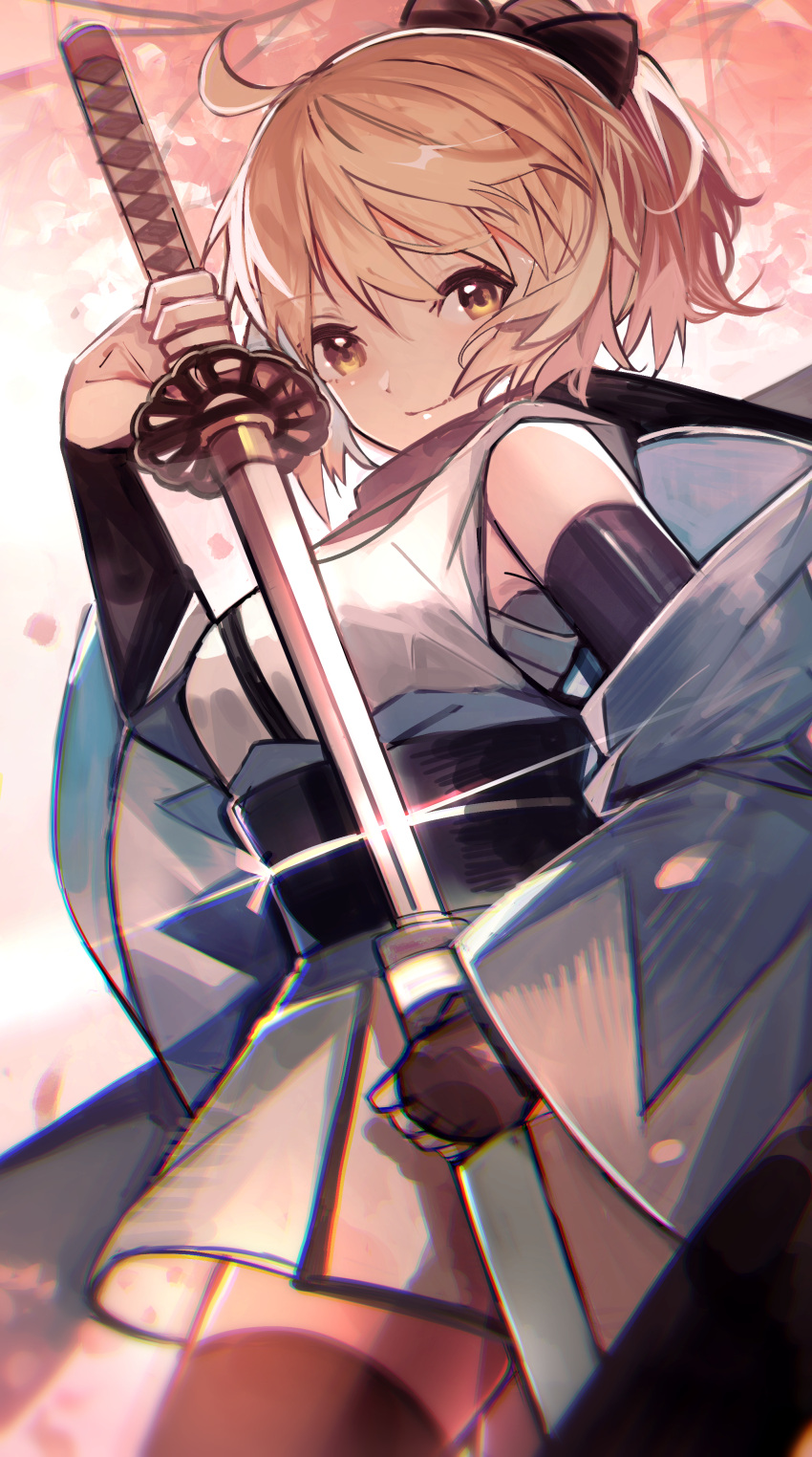 1girl absurdres ahoge arm_guards black_bow black_scarf blonde_hair bow cherry_blossoms fate/grand_order fate_(series) haori highres japanese_clothes katana kimono koha-ace okita_souji_(fate) okita_souji_(fate)_(all) petals scarf shinsengumi short_hair short_kimono solo sword tarbo_(exxxpiation) weapon white_kimono yellow_eyes