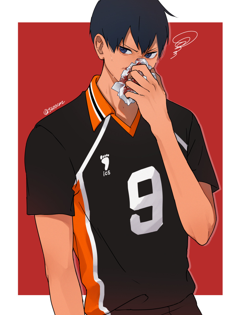 1boy 5600cm absurdres bangs black_hair bleeding blood border covering_mouth haikyuu!! highres huge_filesize kageyama_tobio looking_at_viewer male_focus red_background short_hair simple_background solo sportswear standing twitter_username volleyball_uniform