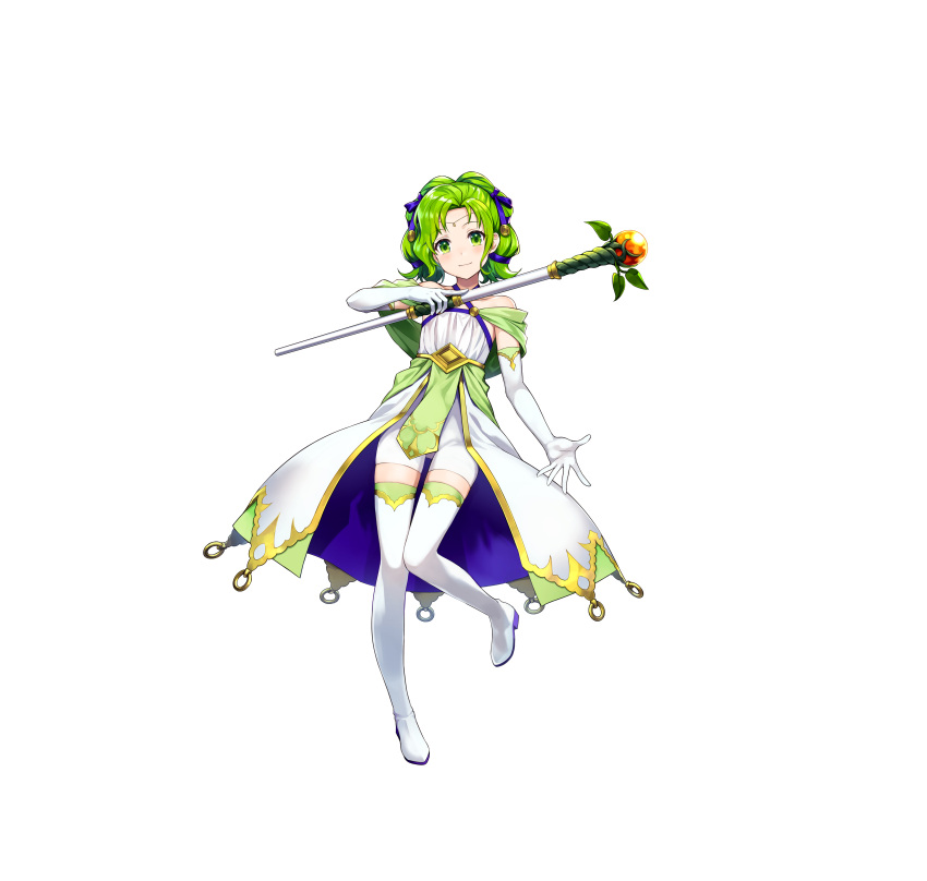 1girl absurdres amagai_tarou bangs bare_shoulders blush boots closed_mouth commentary_request criss-cross_halter dress elbow_gloves fire_emblem fire_emblem:_the_sacred_stones fire_emblem_heroes full_body gloves green_eyes green_hair hair_ornament halterneck highres holding jewelry l'arachel_(fire_emblem) leg_up long_hair looking_at_viewer official_art shiny shiny_hair sleeveless smile solo staff standing thigh-highs thigh_boots tied_hair white_background white_footwear white_gloves