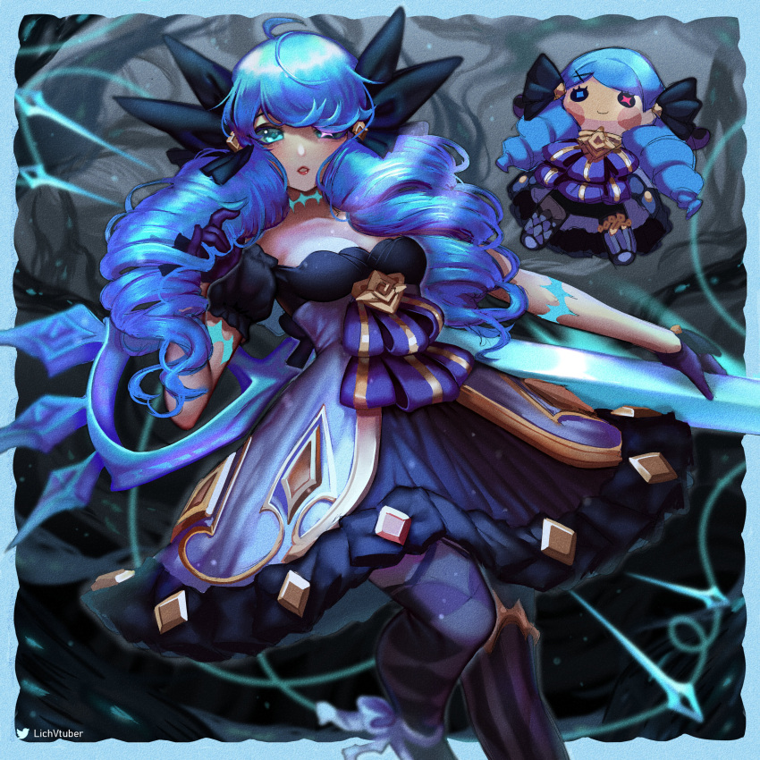 1girl :o absurdres bangs black_dress blue_eyes blue_hair breasts bsapricot doll dress drill_hair eyebrows_behind_hair gwen_(league_of_legends) highres holding holding_scissors league_of_legends long_hair looking_at_viewer medium_breasts oversized_object parted_lips scissors solo twin_drills twintails