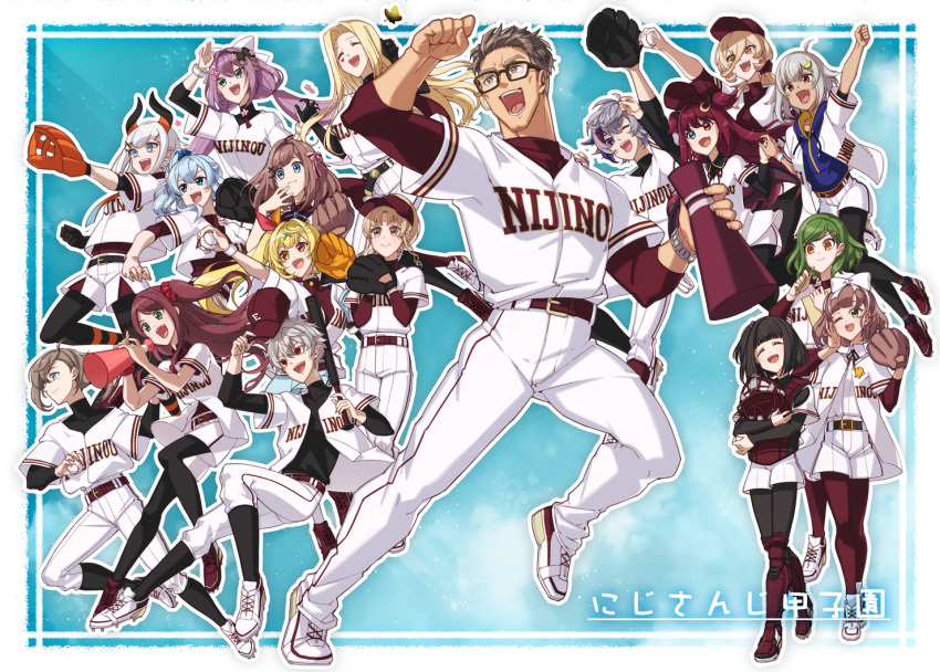4boys 6+girls :d :o ;d bad_leg ball baseball baseball_cap baseball_jersey baseball_mitt belt black_bow black_legwear blonde_hair blue_background blue_bow blue_eyes blue_shirt bow bracelet brown_eyes brown_footwear brown_hair brown_legwear bug butterfly character_request clenched_hand closed_eyes crescent crescent_hair_ornament crossed_arms flower grey_eyes grey_hair hair_bow hair_flower hair_ornament hand_up harigiri305 hat holding holding_ball horns insect jewelry long_sleeves maimoto_keisuke mask mask_removed medium_hair megaphone multiple_boys multiple_girls nijisanji one_eye_closed open_mouth pantyhose purple_hair red_bow red_eyes running shirt short_hair shorts smile two_side_up virtual_youtuber white_footwear x_hair_ornament yellow_butterfly