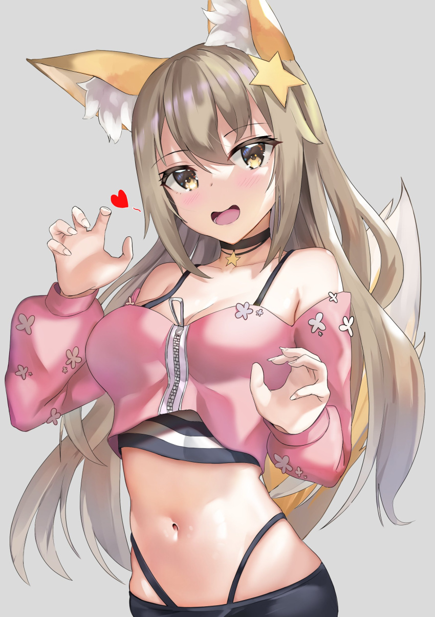 1girl :d absurdres animal_ear_fluff animal_ears annytf bare_shoulders black_choker black_shirt breasts brown_hair camisole choker claw_pose collarbone crop_top crop_top_overhang fox_ears fox_girl fox_tail grey_background heart highleg highres indie_virtual_youtuber long_hair long_sleeves looking_at_viewer medium_breasts midriff navel off-shoulder_shirt off_shoulder open_mouth pink_shirt puffy_sleeves shirt simple_background skai_kun sleeveless sleeveless_shirt smile solo stomach striped striped_shirt tail undershirt upper_body yellow_eyes zipper zipper_pull_tab