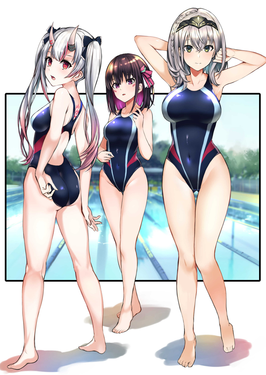 3girls absurdres adjusting_clothes adjusting_swimsuit arm_behind_head armpits ass azki_(hololive) back_cutout back_tattoo bangs barefoot black_ribbon blush braid breasts brown_hair closed_mouth clothing_cutout colored_inner_hair competition_swimsuit covered_navel day eyebrows_visible_through_hair facial_mark fang french_braid green_eyes grey_hair hair_between_eyes hair_ribbon highleg highleg_swimsuit highres hololive kneepits large_breasts long_hair looking_at_viewer looking_back medium_breasts multicolored_hair multiple_girls nakiri_ayame one-piece_swimsuit open_mouth outdoors pink_hair pool pukara red_eyes ribbon shirogane_noel short_hair silver_hair smile standing streaked_hair swimsuit tattoo tiara violet_eyes virtual_youtuber