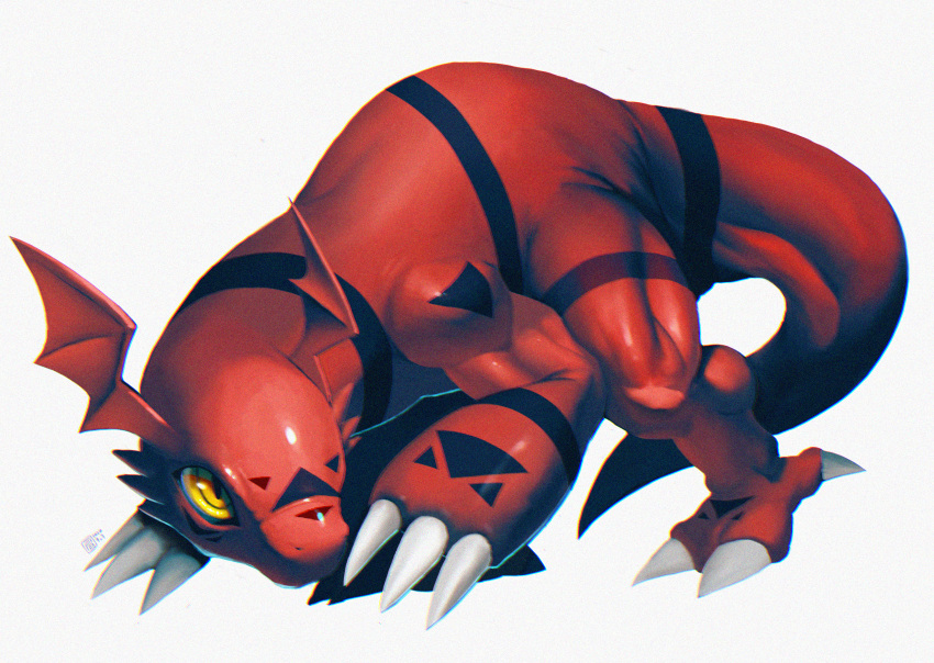 body_markings claws colored_skin commentary_request dated digimon digimon_(creature) digital_hazard film_grain full_body grey_background guilmon highres huge_filesize katabreak looking_to_the_side no_humans red_skin signature simple_background solo tail yellow_eyes