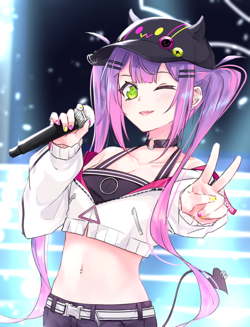 1girl bangs bare_shoulders baseball_cap black_choker black_headwear black_shorts blurry blurry_background blush choker collarbone crop_top demon_tail depth_of_field fake_horns green_eyes hair_ornament hairclip hand_up hat highres holding holding_microphone hololive horned_headwear horns jacket len_cordova long_hair long_sleeves looking_at_viewer microphone midriff multicolored multicolored_hair multicolored_nails nail_polish navel navel_piercing o-ring o-ring_choker off_shoulder one_eye_closed outstretched_arm piercing pink_hair pink_nails purple_hair shorts smile solo streaked_hair tail tail_ornament tail_piercing tokoyami_towa twintails very_long_hair virtual_youtuber white_jacket yellow_nails