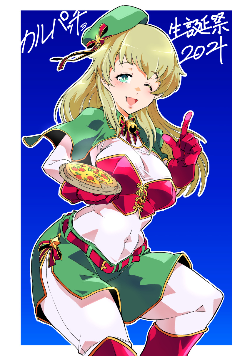 1girl absurdres alternate_costume bangs belt beret birthday blonde_hair blue_background bodysuit boots border breasts brooch capelet carpaccio_(girls_und_panzer) character_name christmas commentary_request covered_navel cowboy_shot crop_top dated food girls_und_panzer gloves green_capelet green_eyes green_headwear green_skirt half-closed_eye hat highres holding holding_food index_finger_raised jewelry knee_boots leg_up long_hair looking_at_viewer medium_breasts miniskirt one_eye_closed open_mouth outline outside_border partial_commentary pizza red_belt red_footwear red_gloves red_ribbon red_shirt redrawn ribbon santa_costume shinkuukan_(tetsuo3) shirt skirt smile solo standing star_(symbol) tilted_headwear translated white_bodysuit white_border white_outline