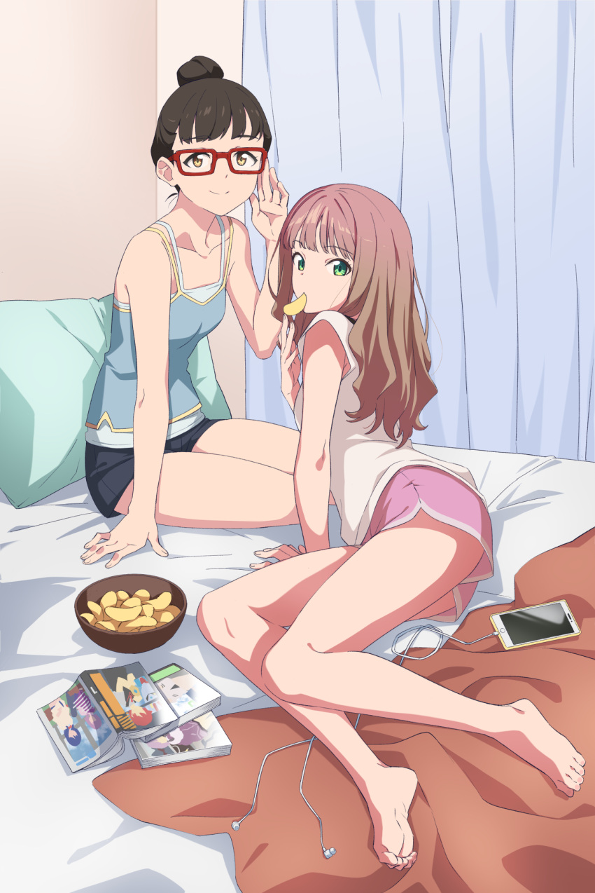 2girls adjusting_eyewear bed bedroom bowl camisole chips earphones earphones eating eyeglasses food gulim highres legs mei_(dynazenon) minami_yume multiple_girls pillow potato_chips red-framed_eyewear shorts ssss.dynazenon