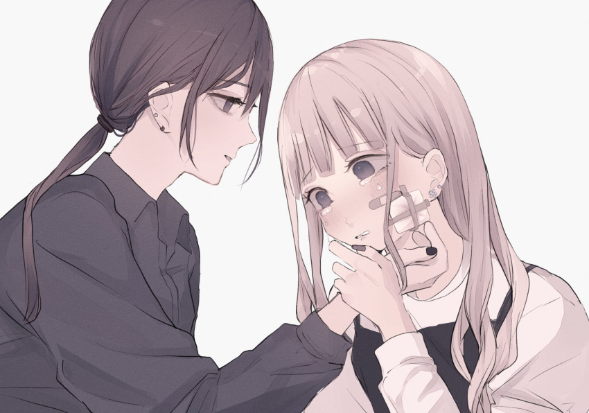 2girls bandaid bandaid_on_cheek bangs black_dress black_nails black_shirt blush brown_hair collared_shirt commentary_request crying crying_with_eyes_open dress dress_shirt ear_piercing eyebrows_visible_through_hair grey_background hair_tie highres long_hair long_sleeves looking_at_another low_ponytail multiple_girls original parted_lips piercing ponytail shirt simple_background sleeveless sleeveless_dress tears tsuruse upper_body white_shirt