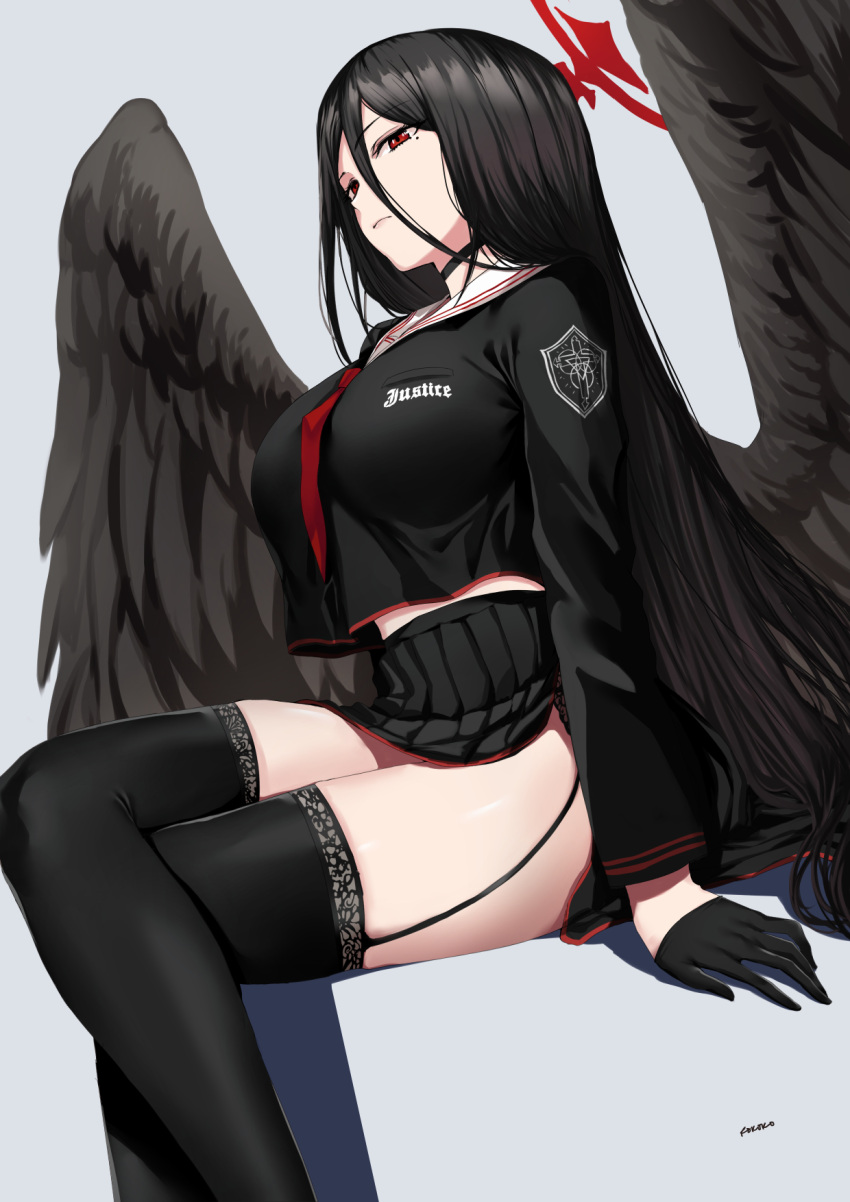 1girl black_gloves black_hair black_legwear black_neckwear black_shirt black_skirt black_wings blue_archive breasts choker closed_mouth crossed_legs eyebrows_visible_through_hair feet_out_of_frame garter_straps gloves grey_background hair_between_eyes halo hasumi_(blue_archive) highres large_breasts long_hair long_sleeves low_wings memero_7272 miniskirt mole mole_under_eye pleated_skirt red_eyes school_uniform serafuku shirt side_slit simple_background sitting skirt solo thigh-highs thighs wings