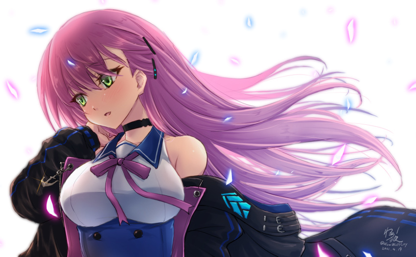 1girl azur_lane black_choker black_coat breasts choker coat dress green_eyes large_breasts long_hair memphis_(azur_lane) one-hour_drawing_challenge pink_hair purple_ribbon ribbon simple_background sleeveless sleeveless_dress solo upper_body waa!_okami white_background