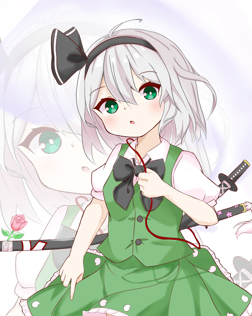 1girl absurdres ahoge bangs black_bow black_hairband black_neckwear bow bowtie bright_pupils buttons collared_shirt commentary cowboy_shot flower green_eyes green_skirt green_vest grey_hair hair_between_eyes hairband highres holding karuthi konpaku_youmu konpaku_youmu_(ghost) multiple_swords open_mouth pink_flower pink_rose rose sheath sheathed shirt short_hair skirt solo standing sword sword_behind_back symbol_commentary touhou vest weapon white_pupils white_shirt zoom_layer