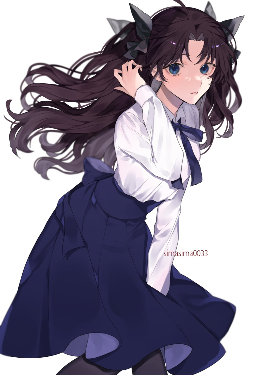 1girl artist_name bangs black_hair black_legwear black_ribbon blue_eyes blue_neckwear blue_skirt collared_shirt fate/stay_night fate_(series) feet_out_of_frame hair_ribbon hand_in_hair high-waist_skirt highres leaning_forward long_hair long_sleeves neck_ribbon parted_bangs ribbon shimatori_(sanyyyy) shirt simple_background skirt solo standing tohsaka_rin twintails white_background white_shirt