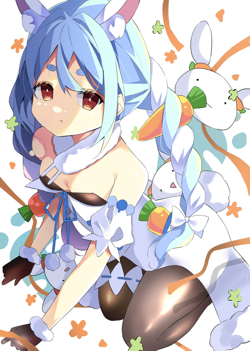 1girl absurdres animal_ear_fluff animal_ears bangs black_gloves black_legwear black_leotard blue_hair bow braid breasts brown_eyes bunny_tail carrot_hair_ornament commentary_request detached_sleeves don-chan_(usada_pekora) dress eyebrows_behind_hair food_themed_hair_ornament fur-trimmed_gloves fur_trim gloves hair_between_eyes hair_bow hair_ornament hamada_pengin highres hololive leotard multicolored_hair nousagi_(usada_pekora) pantyhose puffy_short_sleeves puffy_sleeves rabbit_ears rabbit_girl seiza short_eyebrows short_sleeves sitting small_breasts strapless strapless_dress strapless_leotard tail thick_eyebrows twin_braids twintails two-tone_hair usada_pekora virtual_youtuber white_background white_bow white_dress white_hair white_sleeves