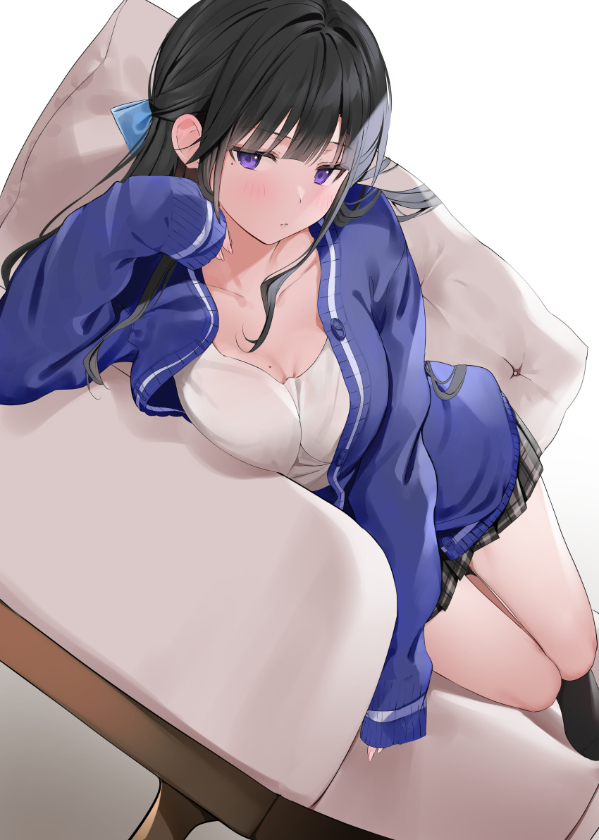 1girl absurdres black_hair black_legwear blue_sweater bow breasts collarbone commentary_request hair_bow highres large_breasts long_hair looking_at_viewer lying mole mole_on_breast on_side original pleated_skirt skirt sleeves_past_wrists sweater violet_eyes xretakex