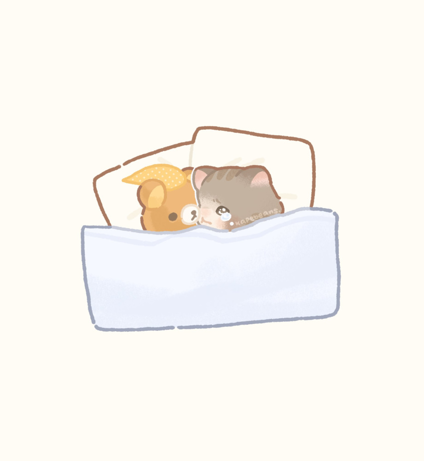 animal animal_focus artist_name blanket cat hat highres kapebeansies meme nightcap no_humans original photo-referenced pillow polka_dot rilakkuma sad san-x simple_background stuffed_animal stuffed_toy tearing_up tears teddy_bear under_covers yellow_headwear