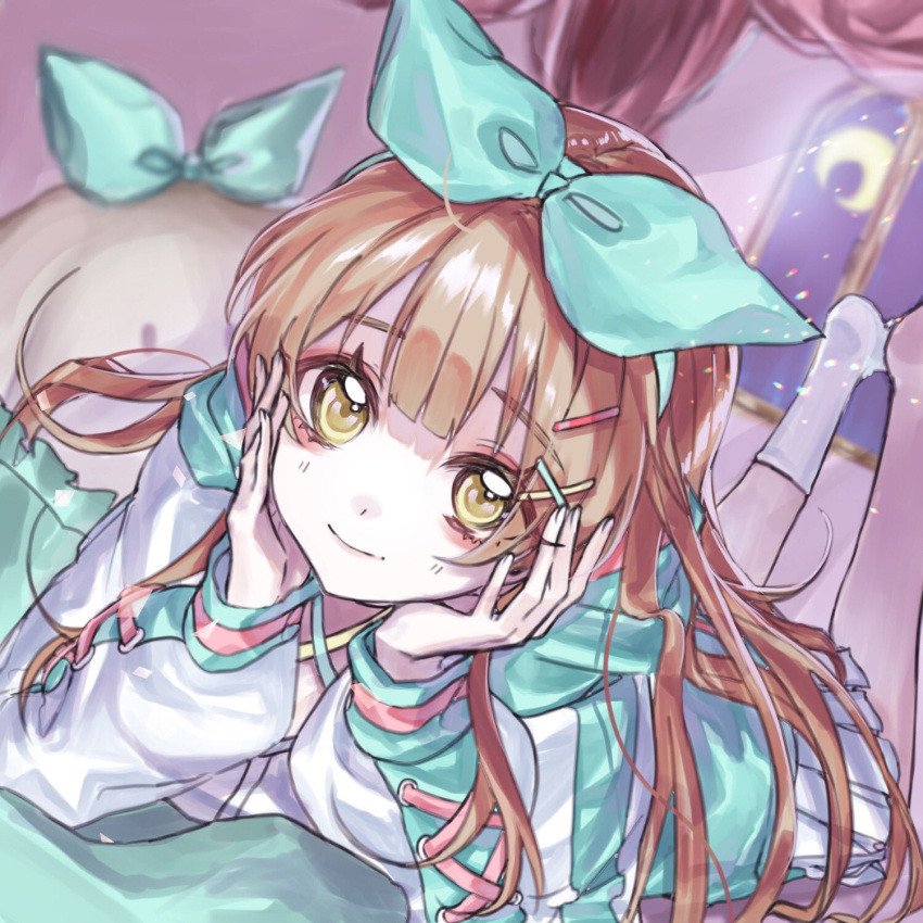 1girl bangs blue_bow bow eyebrows_visible_through_hair eyeshadow green_hoodie hair_bow hands_on_own_head highres hood hoodie indie_virtual_youtuber kiri_uranji lying makeup moon nanahira on_bed on_stomach red_eyeshadow single_sock smile socks soles solo virtual_youtuber window yellow_eyes