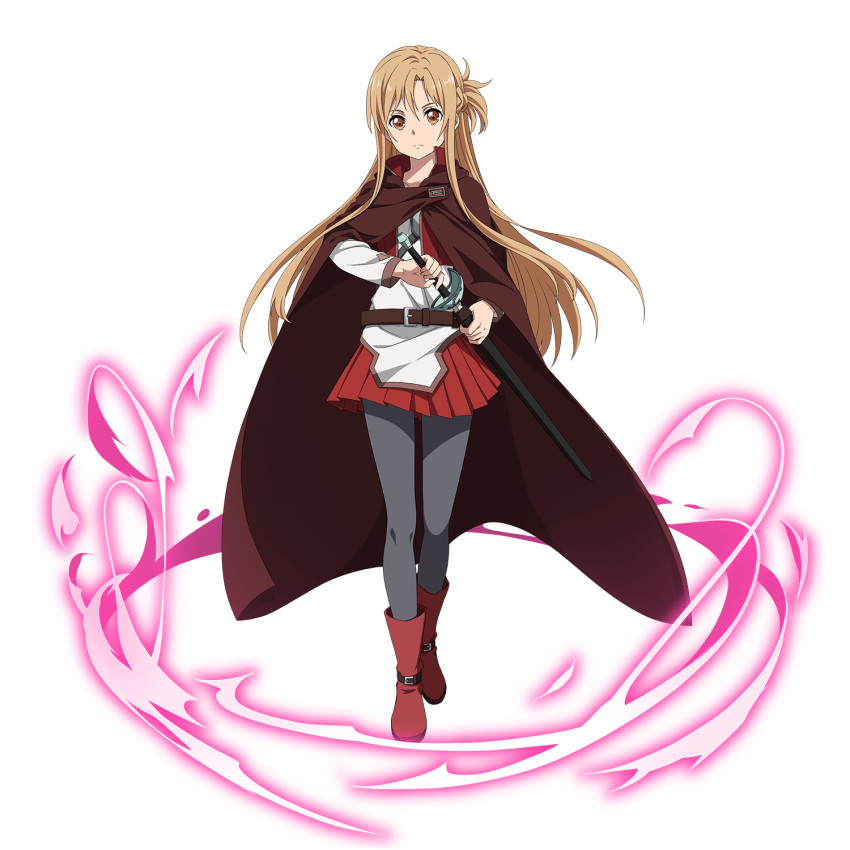 1girl asuna_(sao) bangs boots brown_cloak brown_eyes cloak closed_mouth floating_hair frown full_body grey_legwear hair_between_eyes highres holding holding_sheath holding_sword holding_weapon jacket light_brown_hair long_hair long_sleeves miniskirt official_art pantyhose pleated_skirt red_footwear red_skirt sheath shiny shiny_hair skirt solo sword sword_art_online sword_art_online:_memory_defrag transparent_background unsheathing very_long_hair weapon white_jacket