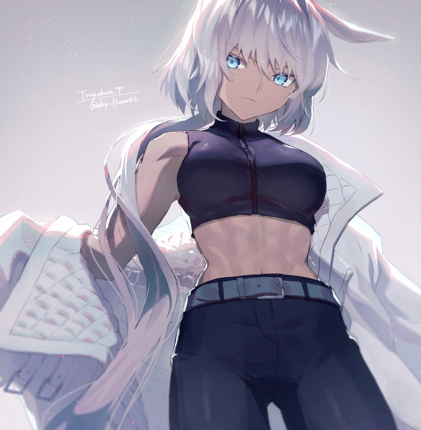 1girl animal_ears artist_name bangs belt belt_buckle blue_eyes buckle caenis_(fate) crop_top dark_skin dark-skinned_female fate/grand_order fate_(series) hair_between_eyes highres long_hair medium_hair midriff pants signature tsuyukusa_(eeta7273) twitter_username white_hair zipper zipper_pull_tab