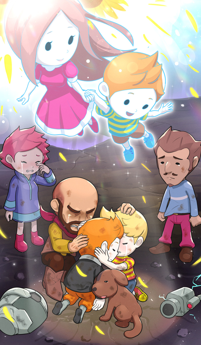 blonde_hair boney brothers bruise claus_(mother_3) crying duster_(mother) family father_and_son flint gonzarez headwear_removed helmet helmet_removed highres hinawa injury kumatora lucas_(mother_3) mother_(game) mother_3 mother_and_son orange_hair pants pink_pants siblings spirit spotlight