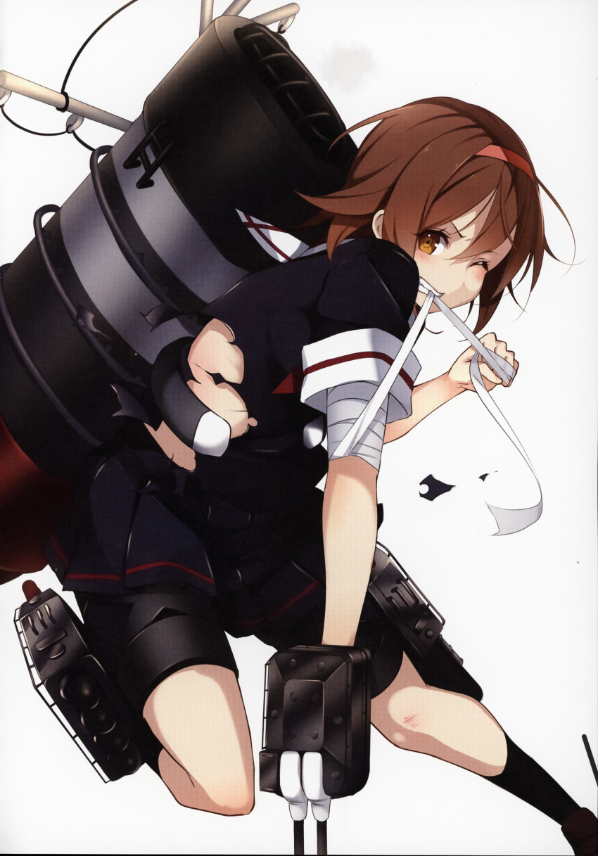 1girl bandaged_arm bandages black_serafuku brown_hair cannon hair_flaps hairband highres kantai_collection kujou_ichiso looking_at_viewer machinery official_art one_eye_closed orange_eyes red_hairband scan scan_artifacts school_uniform serafuku shiratsuyu_(kancolle) short_hair torn_clothes torpedo_launcher torpedo_tubes turret white_background