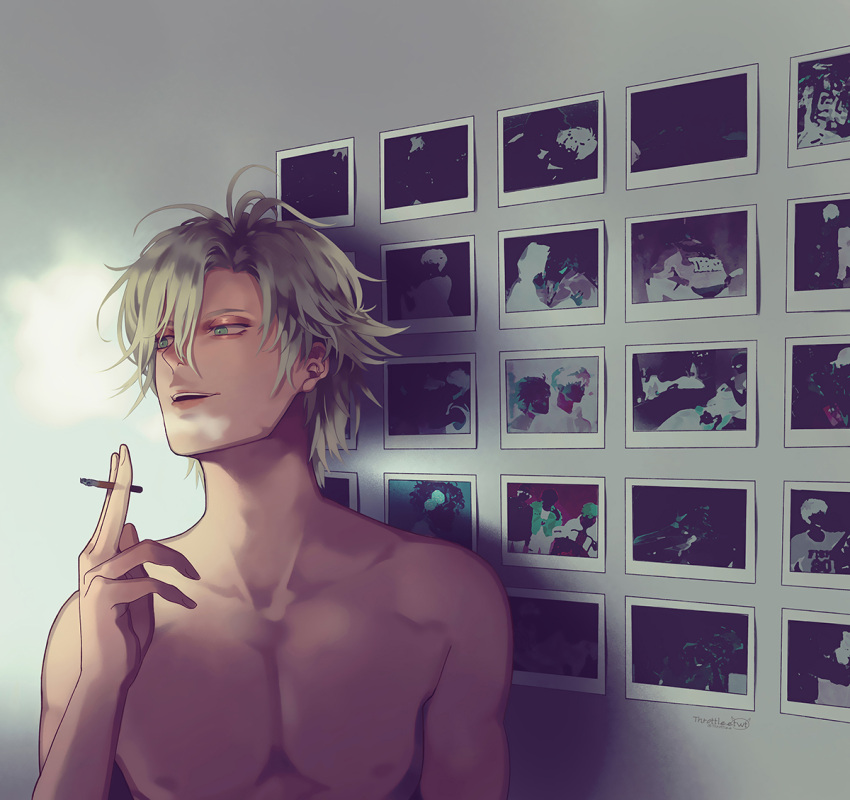 1boy against_wall ash_lynx banana_fish bangs blonde_hair cigarette green_eyes hair_between_eyes looking_away male_focus open_mouth solo throttlee upper_body