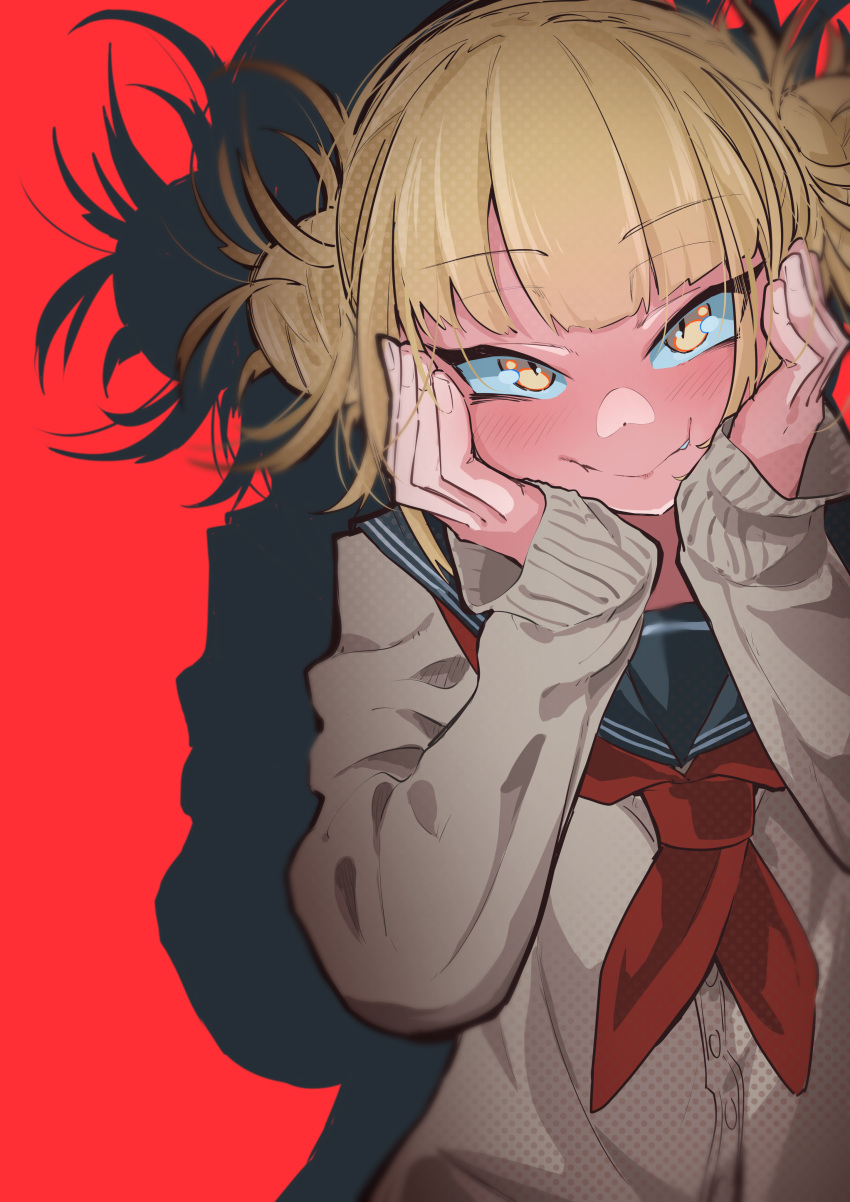 1girl absurdres bangs blonde_hair blunt_bangs blush boku_no_hero_academia cardigan closed_mouth double_bun eyebrows_visible_through_hair hands_on_own_face hands_up highres jipponwazaari long_sleeves looking_at_viewer messy_hair neckerchief red_background sailor_collar short_hair sleeves_past_wrists slit_pupils smile solo toga_himiko upper_body yellow_eyes