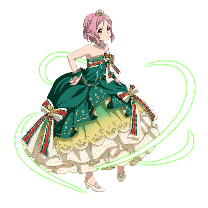 1girl anklet bow closed_mouth dress freckles full_body green_dress hand_on_hip highres jewelry layered_dress lisbeth_(sao-alo) long_dress looking_at_viewer necklace official_art pink_hair pointy_ears pumps red_eyes shiny shiny_hair short_hair sleeveless sleeveless_dress smile solo standing strapless strapless_dress sword_art_online sword_art_online:_memory_defrag transparent_background white_bow white_footwear