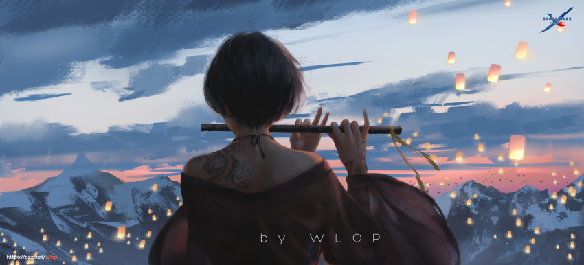 1girl architecture arm_tattoo artist_name bird black_hair dragon_tattoo east_asian_architecture facing_away flute from_behind ghostblade highres instrument jade_(ghostblade) lantern mountainous_horizon music playing_instrument see-through short_hair shoulder_tattoo solo tattoo wind wlop