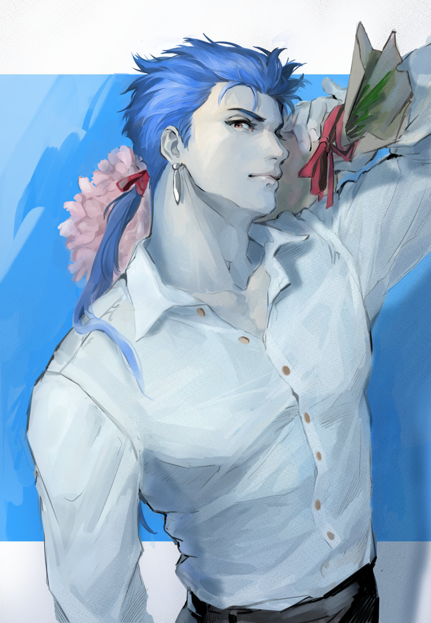 1boy absurdres alternate_costume blue_hair bouquet buttons closed_mouth collarbone collared_shirt cu_chulainn_(fate)_(all) cu_chulainn_(fate/stay_night) dress_shirt earrings fate/stay_night fate_(series) flower highres holding holding_bouquet jewelry long_hair long_sleeves looking_at_viewer male_focus pink_flower ponytail red_eyes shirt solo white_shirt yangga909
