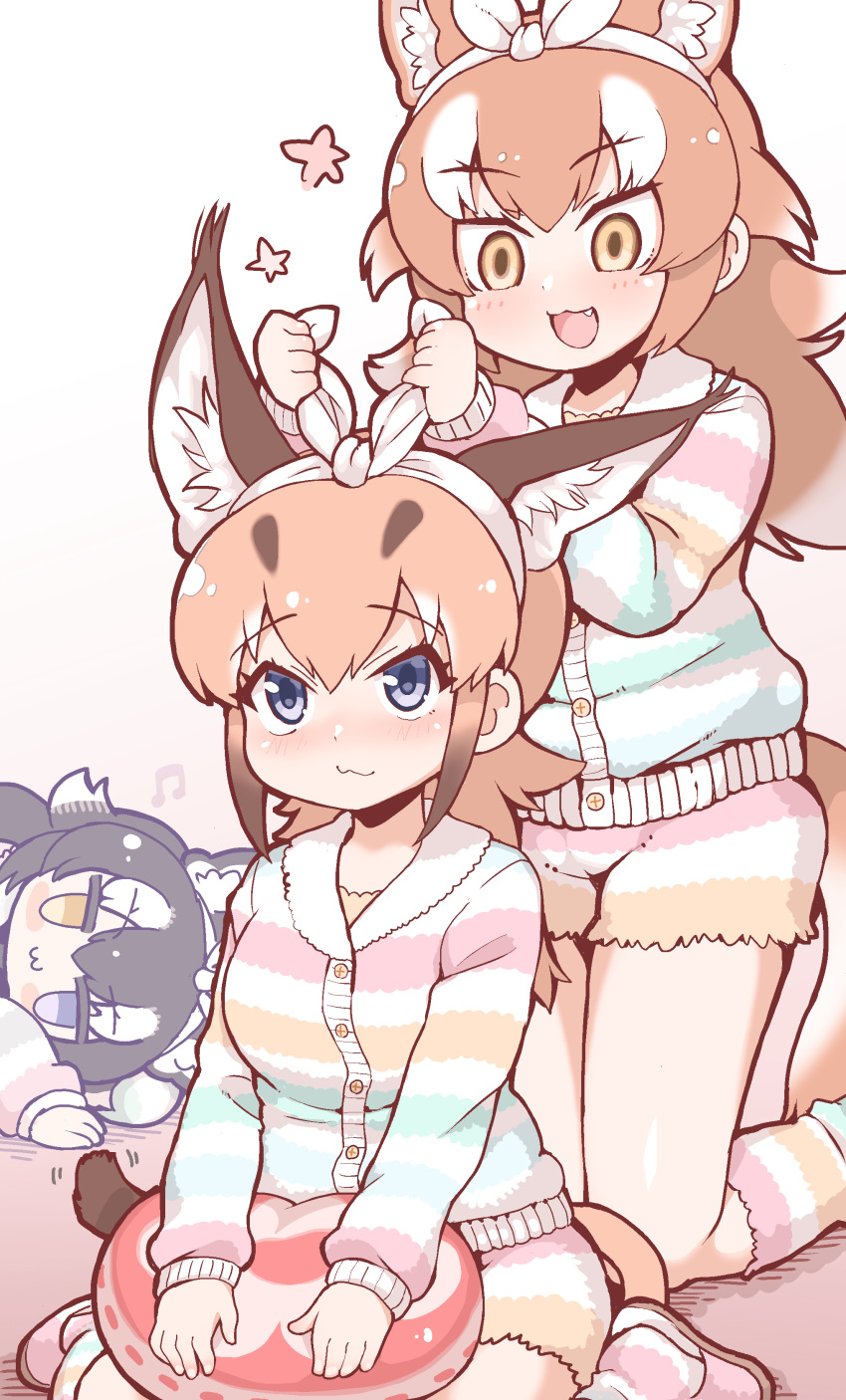 3girls :3 absurdres animal_ears blue_eyes blush bow caracal_(kemono_friends) caracal_ears caracal_girl caracal_tail commentary extra_ears eyebrows_visible_through_hair fang grey_wolf_(kemono_friends) hair_bow heterochromia highres japanese_wolf_(kemono_friends) kemono_friends kemono_friends_3 kneehighs light_brown_hair long_hair lying matching_outfit multiple_girls official_alternate_costume on_side pajamas shorts sitting sleepover slippers socks striped striped_legwear striped_pajamas striped_shorts tail tanaka_kusao wariza wolf_ears wolf_girl wolf_tail yellow_eyes