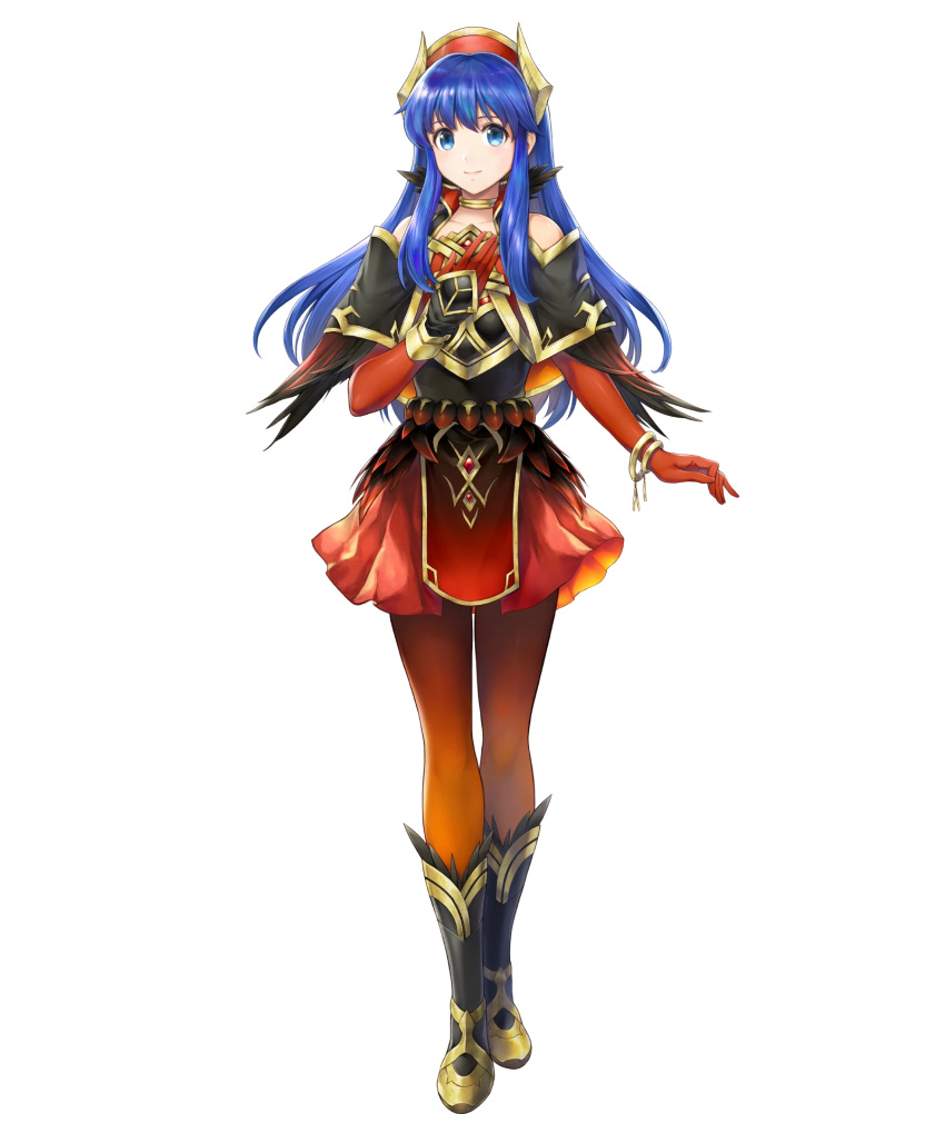 1girl alternate_costume armor bangs bare_shoulders blue_eyes blue_hair boots bracelet elbow_gloves feather_trim fire_emblem fire_emblem:_the_binding_blade fire_emblem_heroes full_body gloves gold_trim gradient gradient_clothes hat highres jewelry lilina_(fire_emblem) long_hair miniskirt official_art pantyhose red_gloves red_skirt shiny shiny_hair shiny_skin skirt solo yamada_koutarou