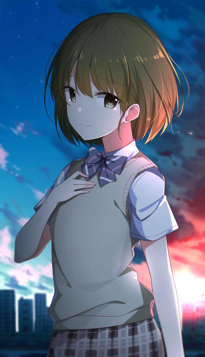 1girl absurdres bangs black_bow bow brown_eyes brown_hair clouds cloudy_sky collared_shirt commentary_request diagonal_stripes eyebrows_visible_through_hair hair_between_eyes highres idolmaster idolmaster_shiny_colors nanakusa_nichika outdoors plaid plaid_skirt pleated_skirt school_uniform shirt short_hair short_sleeves skirt sky solo striped striped_bow sunset sweater_vest taiyaki_(astre) white_shirt