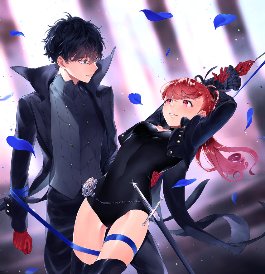 1boy 1girl absurdres amamiya_ren black_hair blue_petals chain coattails eyebrows_visible_through_hair flower glint gloves hair_between_eyes highres holding_another jacket kneehighs leaning_back leotard looking_at_another messy_hair open_clothes open_jacket persona persona_5 petals pollitobr ponytail red_gloves redhead ribbon saber_(weapon) sheath sheathed smile sword trench_coat weapon yoshizawa_kasumi