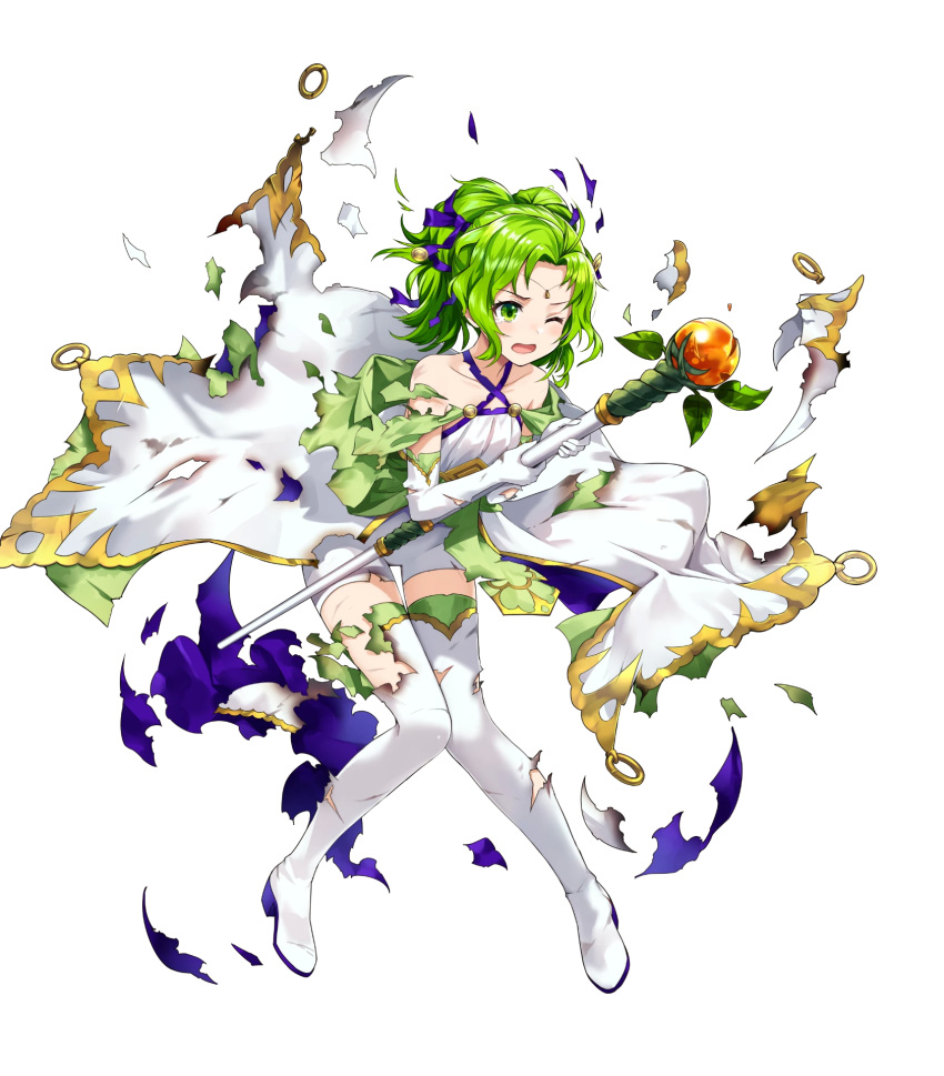 1girl amagai_tarou bangs bare_shoulders blush boots collarbone criss-cross_halter dress elbow_gloves fire_emblem fire_emblem:_the_sacred_stones fire_emblem_heroes full_body gloves green_eyes green_hair hair_ornament halterneck highres holding jewelry l'arachel_(fire_emblem) long_hair looking_away official_art one_eye_closed open_mouth shiny shiny_hair solo staff thigh-highs thigh_boots tied_hair torn_clothes transparent_background white_footwear white_gloves