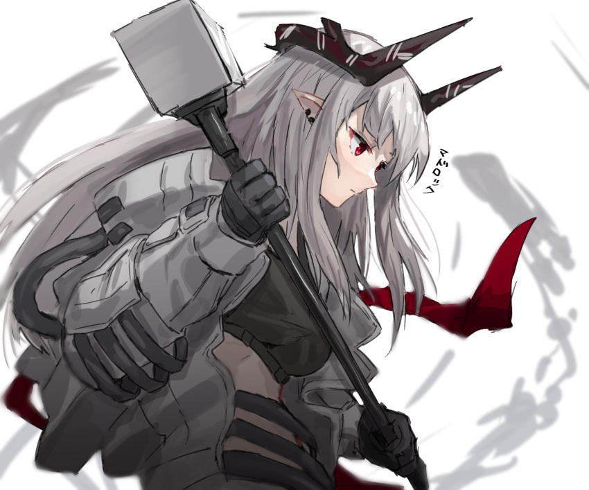 1girl arknights bangs black_gloves character_name closed_mouth commentary_request expressionless gloves hammer highres holding holding_hammer holding_weapon horns long_hair looking_afar looking_at_viewer midriff mudrock_(arknights) pointy_ears raw_egg_lent red_eyes silver_hair solo sports_bra stomach translated upper_body weapon