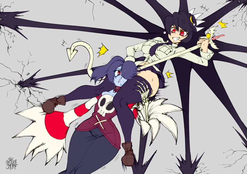 2girls battle black_legwear black_neckwear black_skirt blue_hair blue_skin breasts brown_footwear closed_eyes colored_sclera colored_skin corset fighting filia_(skullgirls) flat_color futakuchi-onna grey_background hair_over_one_eye head_between_thighs highres large_breasts leviathan_(skullgirls) long_hair multiple_girls necktie neckwear one-eyed red_eyes samson_(skullgirls) school_uniform sharp_teeth shirt shoes skeletal_hand skirt skullgirls smile squigly_(skullgirls) stitched_mouth stitches striped striped_sleeves teeth the_golden_smurf thigh-highs thighs tongue tongue_grab tongue_out twitter_username white_shirt work_in_progress yellow_sclera zombie