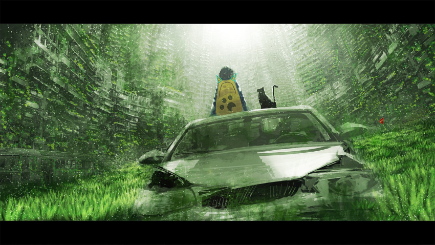 1girl backpack bag black_cat black_hair building car cat chocoshi from_behind grass ground_vehicle highres letterboxed long_sleeves motor_vehicle original outdoors overgrown paw_print ruins scenery sitting solo