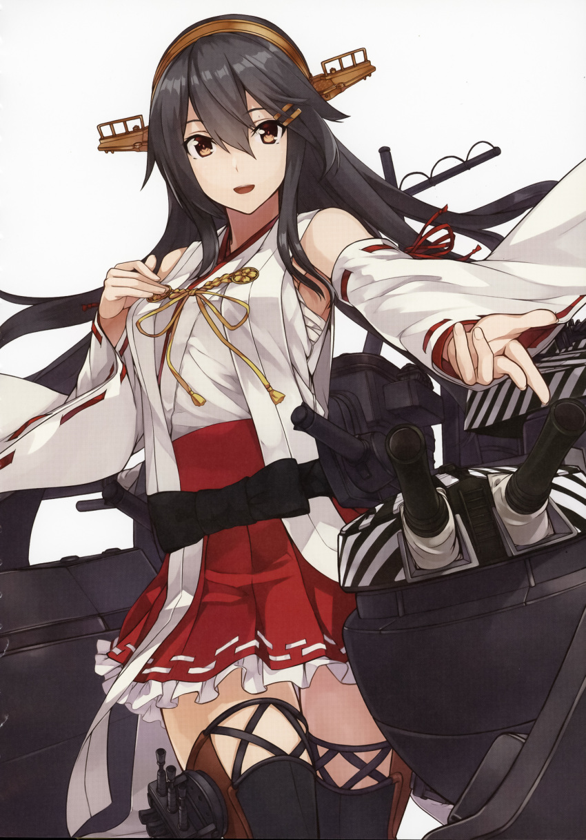 1girl arms_up bangs bare_shoulders black_ribbon breasts camouflage cherry_blossoms cowboy_shot eyebrows_visible_through_hair flower frills grey_hair hair_between_eyes hair_ornament hairclip hand_on_own_chest haruna_(kancolle) headgear highres kantai_collection konishi_(koconatu) large_breasts long_hair machinery nontraditional_miko official_art open_mouth outstretched_arm red_skirt remodel_(kantai_collection) ribbon sarashi scan scan_artifacts ship simple_background skirt smile solo thigh-highs turret watercraft white_background yellow_eyes zettai_ryouiki