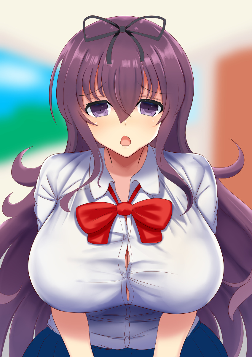 1girl absurdres badge bangs black_ribbon blue_skirt blurry blurry_background breasts bursting_breasts button_badge door eyebrows_visible_through_hair hair_ribbon highres huge_breasts impossible_clothes indoors long_hair looking_at_viewer murasaki_(senran_kagura) ninimu-home open_mouth painting_(object) purple_hair red_neckwear ribbon school_uniform senran_kagura shirt skirt solo very_long_hair violet_eyes white_shirt