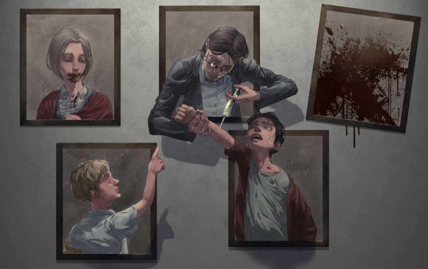 1girl 3boys absurdres arm_grab blonde_hair blood blood_from_mouth blood_on_face blood_splatter blue_eyes brothers brown_hair crying crying_with_eyes_open dina_fritz eren_yeager family_portrait father_and_son grisha_yeager highres holding holding_syringe injection multiple_boys perok_(grasiras) pointing shingeki_no_kyojin short_hair siblings spoilers syringe tears zeke_yeager