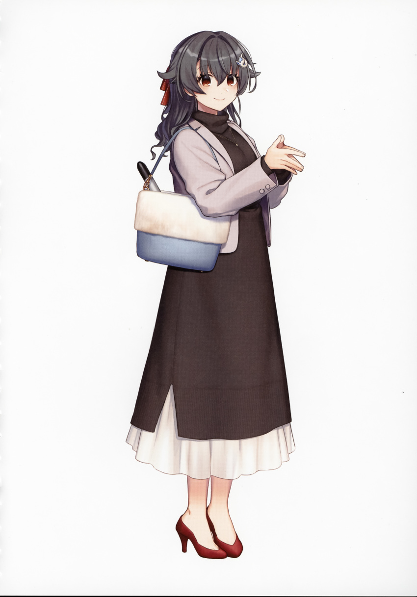 1girl akasaka_yuzu bag black_hair breasts casual dress full_body hair_flaps hair_ornament hair_ribbon hands_together high_heels highres jacket jewelry jingei_(kancolle) kantai_collection large_breasts long_dress long_hair necklace official_alternate_costume official_art red_eyes ribbon scan shoes shoulder_bag smile solo third-party_source toe_cleavage torpedo whale_hair_ornament white_background