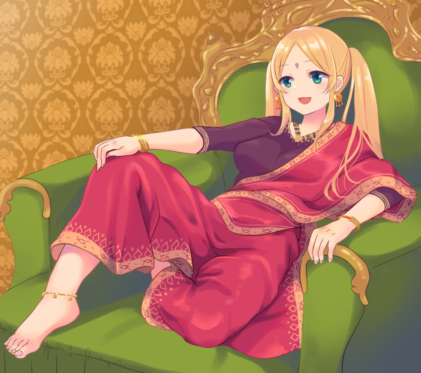 1girl :d anklet armchair bangle bangs barefoot black_shirt blonde_hair bracelet breasts chair commentary_request earrings facial_mark forehead forehead_mark green_eyes gucchiann hand_on_own_knee highres indie_virtual_youtuber jewelry long_hair medium_breasts nakishaku_yogaru on_chair open_mouth pants parted_bangs red_pants shirt short_sleeves smile solo twintails virtual_youtuber