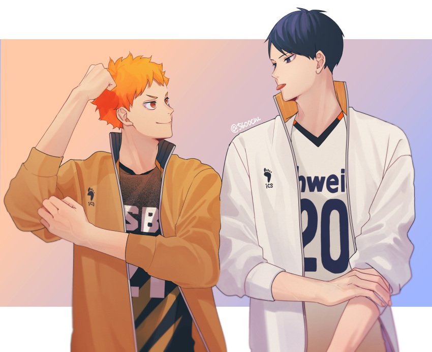 &gt;:) 2boys 5600cm :p absurdres arm_up bangs black_hair eye_contact face-to-face haikyuu!! highres hinata_shouyou holding_own_arm jacket kageyama_tobio looking_at_another male_focus multiple_boys older open_clothes open_jacket orange_eyes orange_hair short_hair simple_background smile sportswear standing tongue tongue_out twintails twitter_username volleyball_uniform
