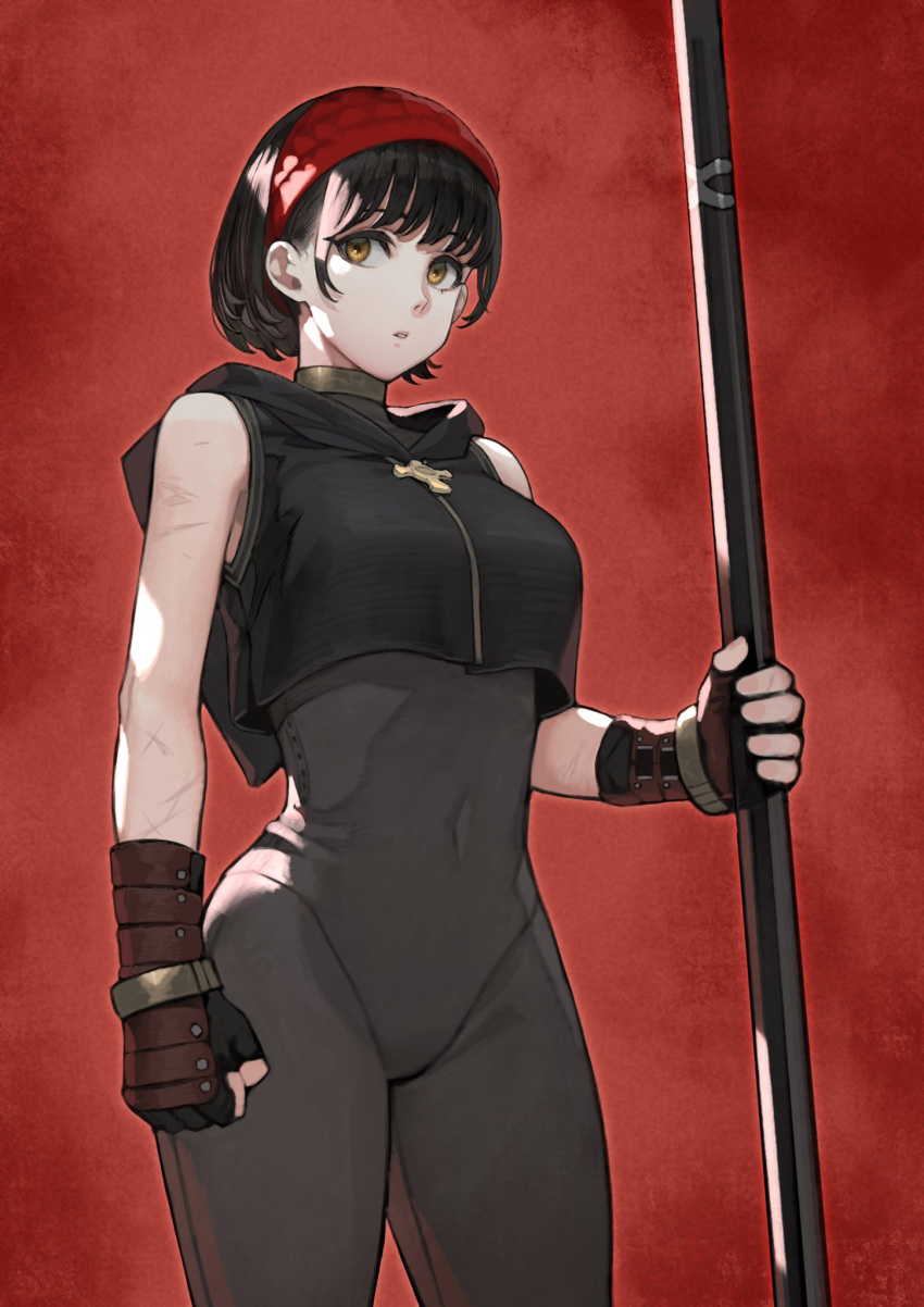 1girl black_hair bodysuit breasts english_commentary fingerless_gloves gauntlets gloves headband highres holding holding_staff holding_weapon hood hooded_vest hoodie jun_(seojh1029) looking_at_viewer original red_background short_hair sleeveless solo staff vest weapon