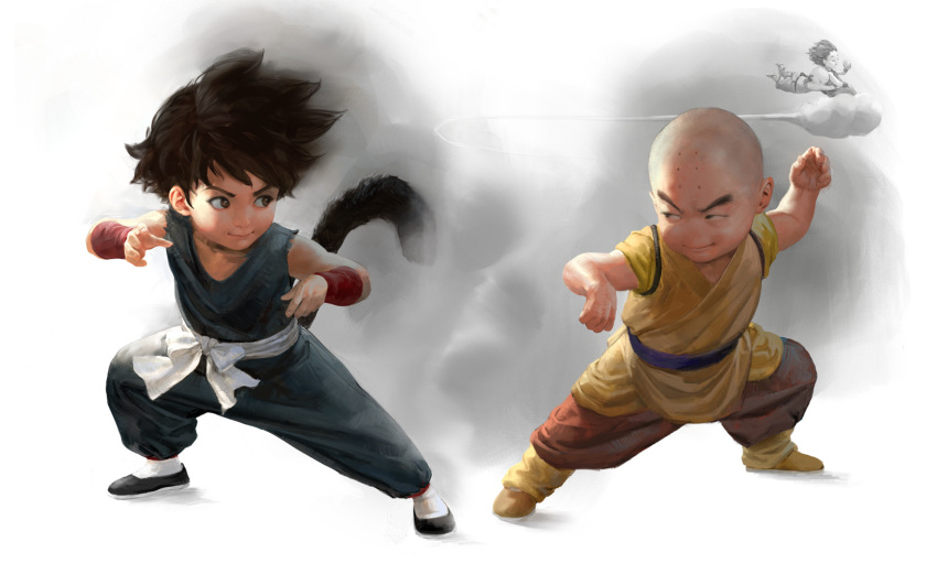 2boys clothing_request commentary dragon_ball fighting_stance flying flying_nimbus highres kuririn looking_away multiple_boys sangsoo_jeong simple_background son_goku tagme tail white_background